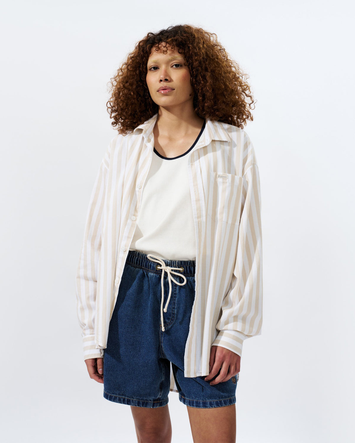 Camisa Manga Longa Overshirt Listrada Bege