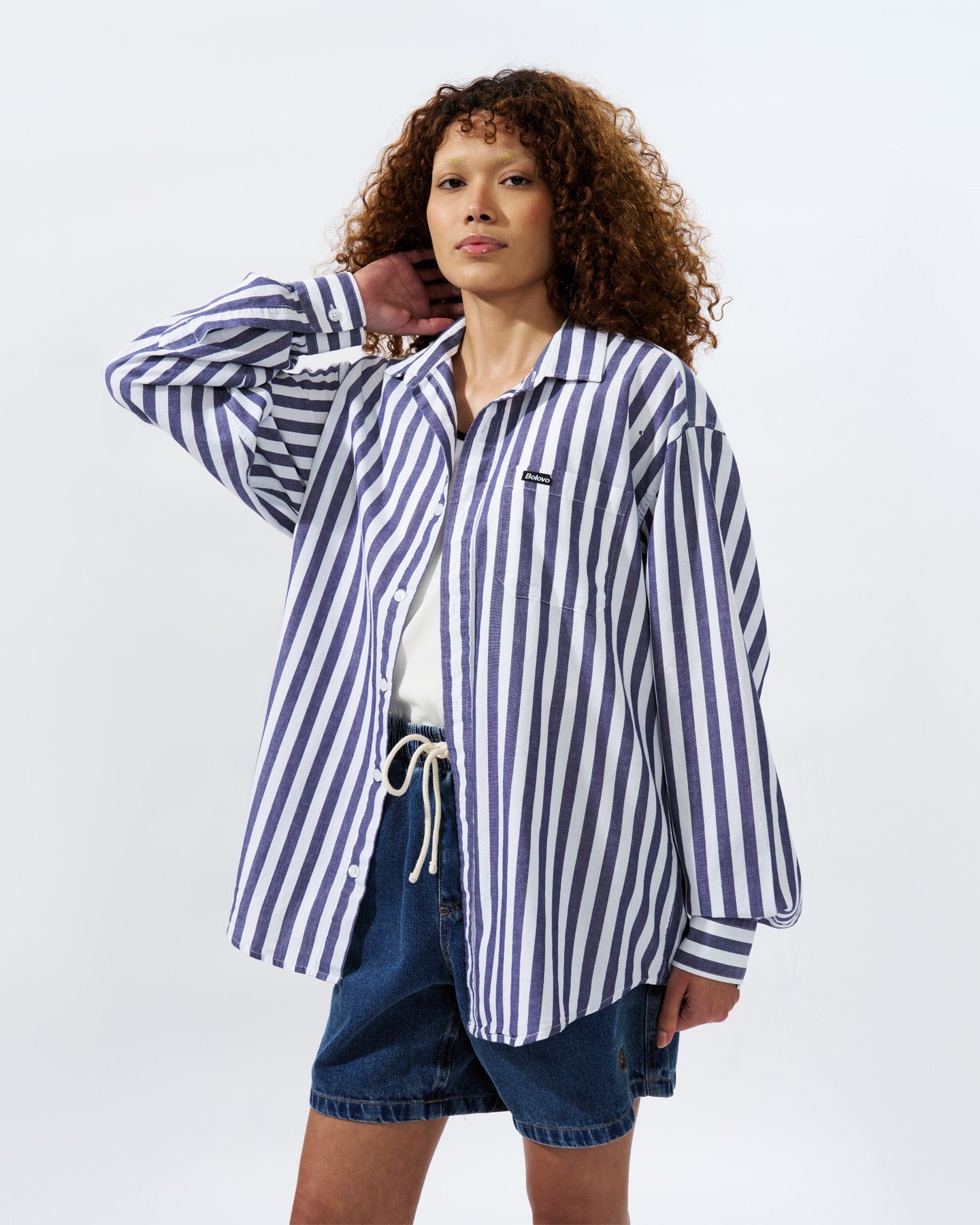 Camisa Manga Longa Overshirt Listrada Azul Marinho